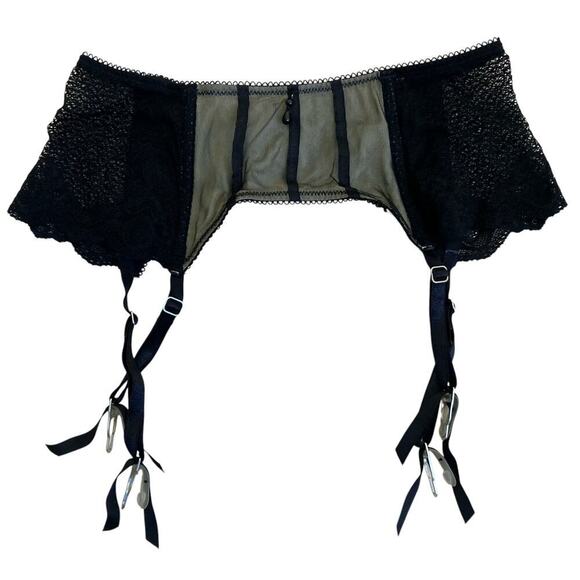 Elle Macpherson Spellbound Suspender Garter Belt Black Tan Mesh Lace Beads - Picture 10 of 16